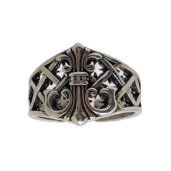 Antiqued 925 Sterling Silver Fleur De Lys Templar Ring Size 9 Adjustable - Picture 1 of 6